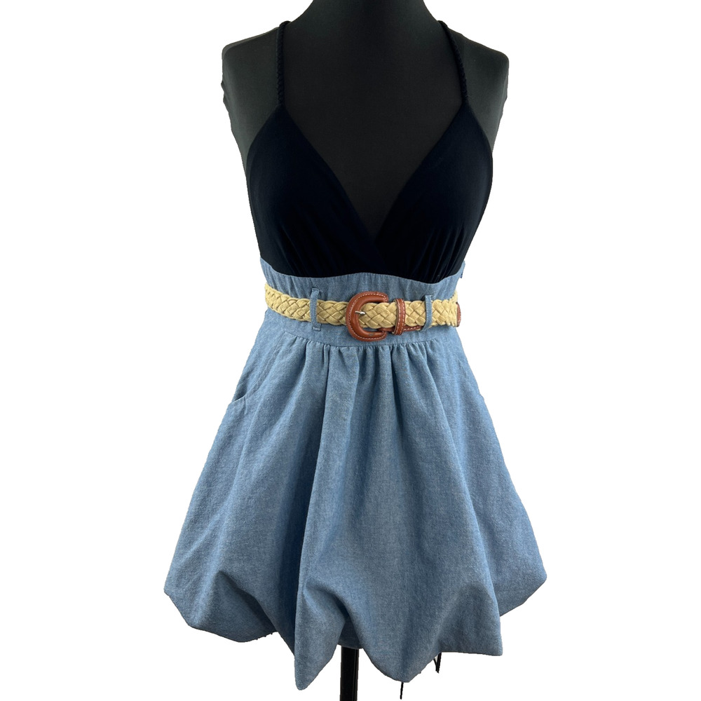 Black and Light Blue Spaghetti Strap Dress with Woven Belt